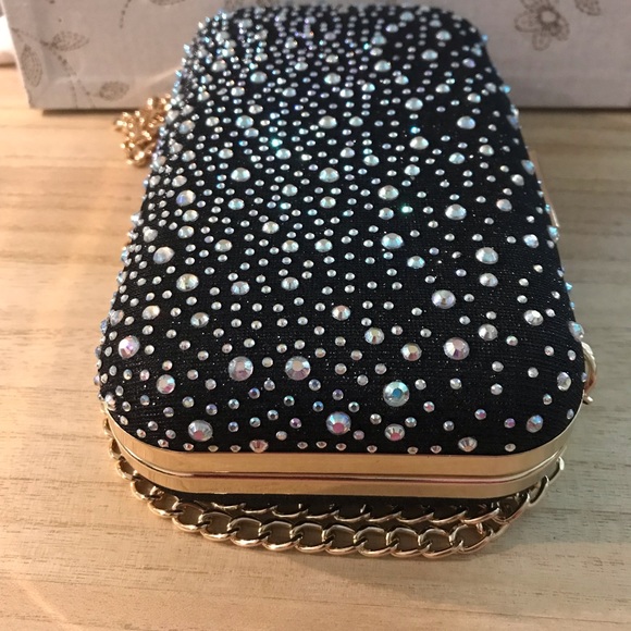 Shiny Rhinestone Studded Evening Party Clutch Handbag with Chain - Picture 3 of 11